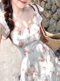 Seaside A Line Printing Floral Lace-up Pleated Skirt Women Dress Summer Date Dress HZ0319