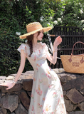 Seaside A Line Printing Floral Lace-up Pleated Skirt Women Dress Summer Date Dress HZ0319