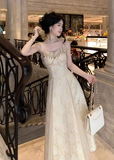 Vintage A Line Spaghetti Straps Sequins Printing Long Skirt Women Dress Summer Date Dress HZ0319