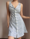 Retro V-neck Print Floral Lace up Button Short Skirt Vacation Summer Women Dress Date Dress HZ0319