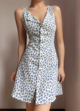 Retro V-neck Print Floral Lace up Button Short Skirt Vacation Summer Women Dress Date Dress HZ0319