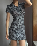 Vintage Lapel Tie Print Floral Short Skirt Summer Date Dress Vacation Women Party Dress HZ0319