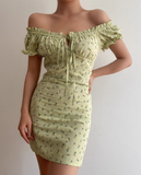 Cute Off the Shoulder Pleated Lace up Print Floral Fitted Short Skirt Women Summer Dress Date Dress HZ0319