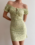 Cute Off the Shoulder Pleated Lace up Print Floral Fitted Short Skirt Women Summer Dress Date Dress HZ0319