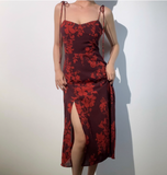 Sexy Spaghetti Straps Print Lace up Side Slit Vacation Skirt Wommen Summer Date Dress HZ0319