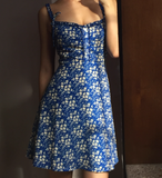 Retro A Line Spaghetti Straps Print Floral Short Skirt Wommen Summer Dress Vacation Date Dress HZ0319