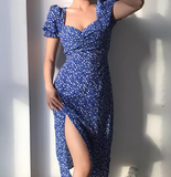 Retro Square Neckline Floral Puffed Sleeves Split Skirt Women Summer Dress Vacation Seaside Dress HZ0319