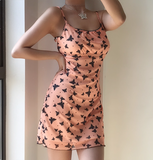 Fashion Spaghetti Straps Print Butterfly Short Skirt Teenage Girl Summer Vacation Date Dress HZ0319