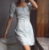 Popular Square Neckline Pleated Lace Up Floral Short Skirt Women Summer Dress Vacation Date Dress HZ0319