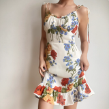 Retro Spaghetti Straps Print Ruffle Short Skirt Wommen Teenage Girl Summer Vacation Dress HZ0319