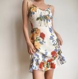 Retro Spaghetti Straps Print Ruffle Short Skirt Wommen Teenage Girl Summer Vacation Dress HZ0319