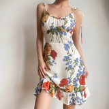 Retro Spaghetti Straps Print Ruffle Short Skirt Wommen Teenage Girl Summer Vacation Dress HZ0319