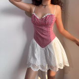Sweet A Line Spaghetti Straps Checkered Short Skirt Women Teenage Girl Summer Vacation Dress HZ0319