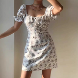 Retro Off the Shoulder Lace up Floral Short Skirt Women Teenage Girl Summer Date Dress HZ0319