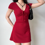 Minimalist V-neck Fitted Short Date Skirt Women Teenage Girl Summer Vacation Dress HZ0319