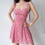 Sweet A Line Spaghetti Straps Print Floral Short Skirt Women Teenage Girl Summer Date Dress Vaccation Dress HZ0319