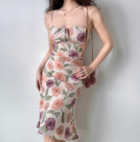 Retro Spaghetti Straps Print Flower Women Teenage Girl Summer Date Dress Seaside Dress HZ0319