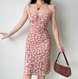 Retro Spaghetti Straps Print Lace up Women Teenage Girl Summer Date Dress Vacation Dress HZ0319