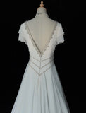Elegant A Line V-neck Pleated Beading Wedding Dress HZ0319