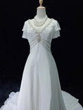 Elegant A Line V-neck Pleated Beading Wedding Dress HZ0319