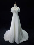 Elegant A Line V-neck Pleated Beading Wedding Dress HZ0319