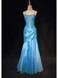 Charming Prom Dress Blue Spaghetti Straps Pleated Mermaid Evening Dress Gala Dress Party Dress HZ0319
