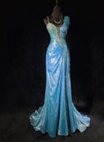 Shiny Prom Dress Asymmetrical Neck Pleated Evening Dress Gala Dress Party Dress HZ0319