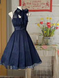 Beauty Homecoming Dress Navy Blue A Line Halter Pleated Short Prom Dress Party Dress Casual Dress HZ0319