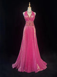 Shiny Prom Dress V-neck Pleated Crystal Long Evening Dresses Gala Dress Party Dresss HZ0319