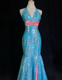 Shiny Prom Dress Blue Halter Sequin Mermaid Gala Dress Evening Dresses Party Dress HZ0319