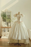 Elegant Square Neck Lace Ruffle Pleated Wedding Dress HZ0319