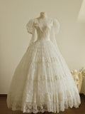 Charming High Collar Lace Pleated Tiered Wedding Dress HZ0319