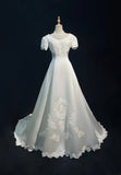 Elegant White A Line Crew Neck Wedding Dress HZ0319