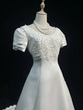 Elegant White A Line Crew Neck Wedding Dress HZ0319