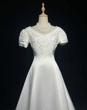 Elegant White A Line Crew Neck Wedding Dress HZ0319