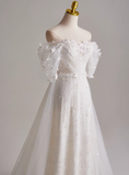 Elegant A Line Off Shoulder Pleated Tulle Wedding Dress HZ0319