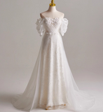 Elegant A Line Off Shoulder Pleated Tulle Wedding Dress HZ0319