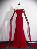 Gorgeous Prom Dress Wine Red Strapless Floral Mermaid Prom Dress HZ0319