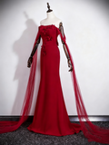 Gorgeous Prom Dress Wine Red Strapless Floral Mermaid Prom Dress HZ0319