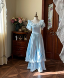 Beauty Prom Dress Baby Blue Crew Neck Pleated Lace Evening Gown Quinceanera Dress HZ0319