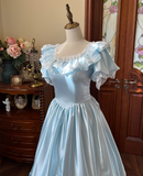 Beauty Prom Dress Baby Blue Crew Neck Pleated Lace Evening Gown Quinceanera Dress HZ0319