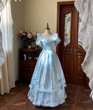 Beauty Prom Dress Baby Blue Crew Neck Pleated Lace Evening Gown Quinceanera Dress HZ0319