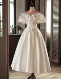 Retro Wedding Dress Off Shoulder Pleated BowKnot Wedding Dress HZ0319