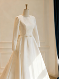 Minimalist Wedding Dress Crew Neck Long Sleeves Wedding Dress HZ0319