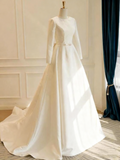 Minimalist Wedding Dress Crew Neck Long Sleeves Wedding Dress HZ0319
