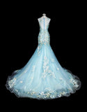 Beauty Prom Dress Light Blue Pleated Tulle Mermaid Evening Dress Birthday Party Outfits HZ0319