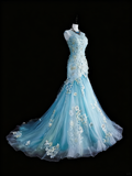 Beauty Prom Dress Light Blue Pleated Tulle Mermaid Evening Dress Birthday Party Outfits HZ0319