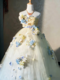 Charming Prom Dress Strapless Floral Tulle Pleated Ball Gown Evening Dress Sweet 16 Dress HZ0319