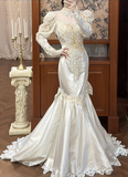 Vintage Wedding Dress High Collar Long Sleeves Pearl Mermaid Wedding Dress HZ0319