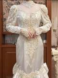 Vintage Wedding Dress High Collar Long Sleeves Pearl Mermaid Wedding Dress HZ0319